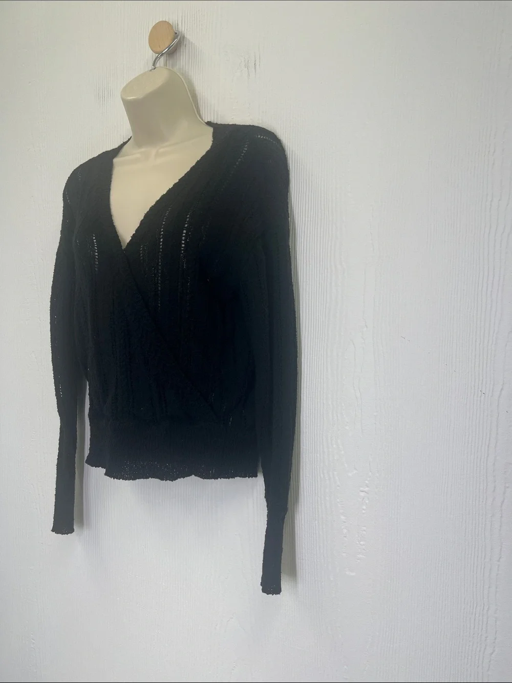 ASTR The Label - Wrap Front Pointelle Black Long Sleeve Lightweight Sweater SM